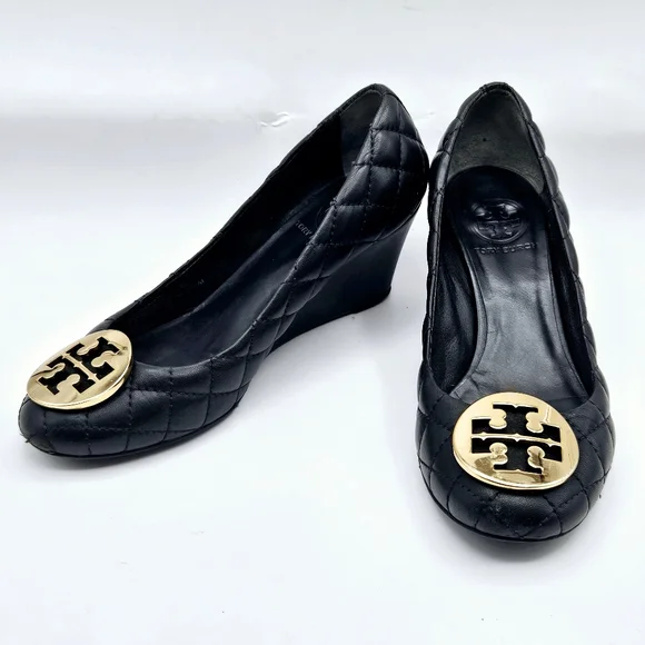 Tory Burch Black Quilted Wedges with Gold Logo - Picture 14 of 15